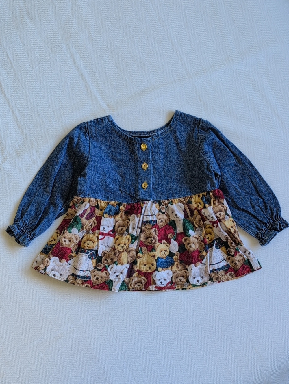 VTG 90s Chuckles Made in Canada Denim Teddy Bear Blouse Top 18 Months Retro